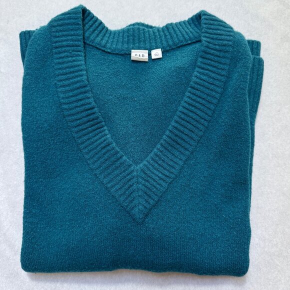 Gap Bouclé Wool Alpaca blend V-Neck Sweater Teal Blue Large - Picture 1 of 11
